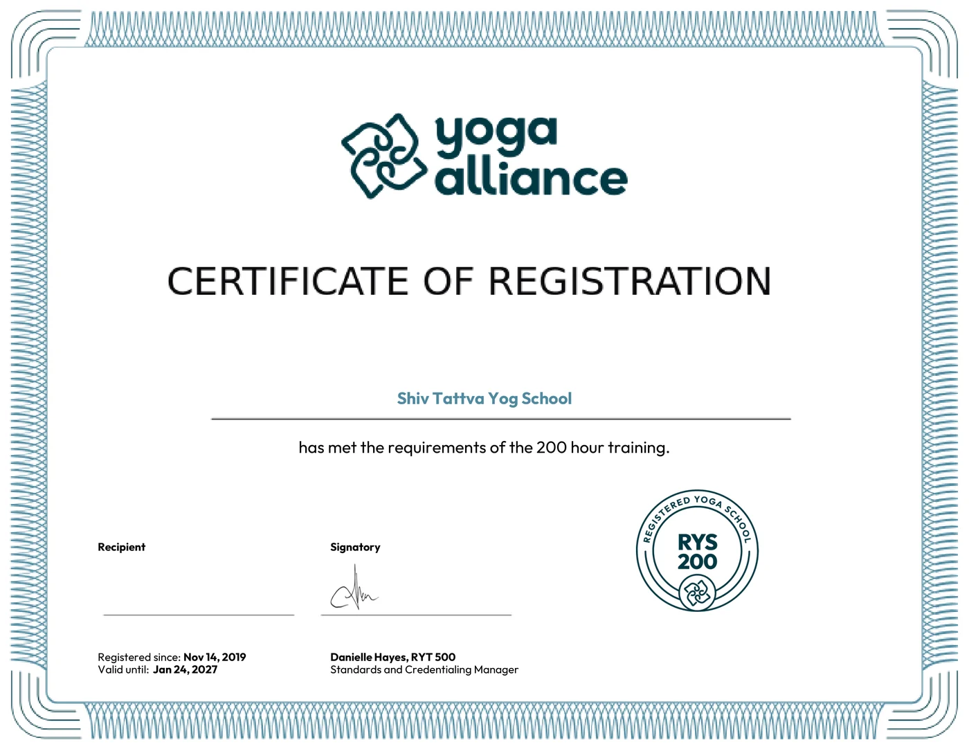 Yoga Alliance RYS 200 Certificate of Registration for Shiv Tattva Yog School